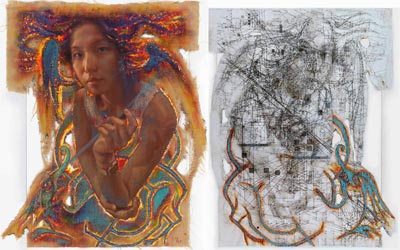 BESTIEN V, Diptychon, Malerei -  Linker Teil: Pigmente, Acryl, Kreidegrund/ Jute unter Plexiglas, Rechter Teil: Pigmente, Acryl, Feuer/ Papier unter Plexiglas, 130x170 cm