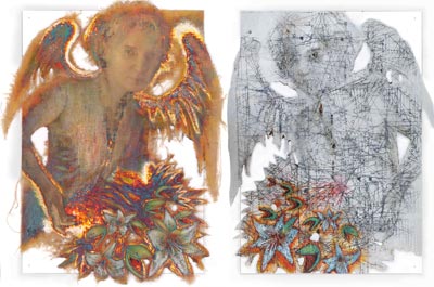 BESTIEN VI, Diptychon, Malerei -  Linker Teil: Pigmente, Acryl, Kreidegrund/ Jute unter Plexiglas, Rechter Teil: Pigmente, Acryl, Feuer/ Papier unter Plexiglas, 130x170 cm
