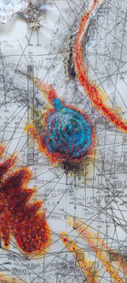 BESTIEN III, Diptychon, Malerei -  Linker Teil: Pigmente, Acryl, Feuer/ Papier unter Plexiglas, Rechter Teil: Pigmente, Acryl, Kreidegrund/ Jute unter Plexiglas, 130x170 cm